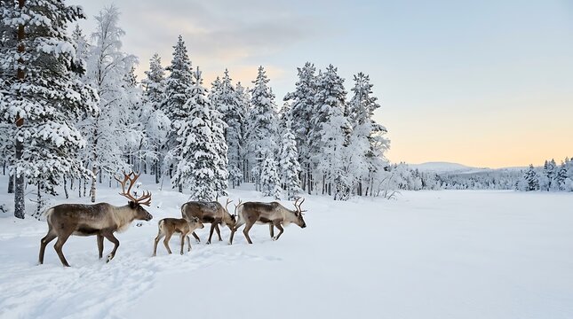 Herd of reindeer walking through snowy pine forest during winter sunset for nordic nature travel and wildlife photography.