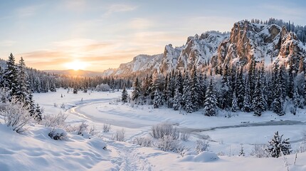 Obraz premium Majestic snowy mountain range at sunset with winding frozen river for winter landscape stock imagery.