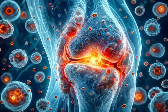 Human knee joint inflammation and arthritis microscopic medical concept