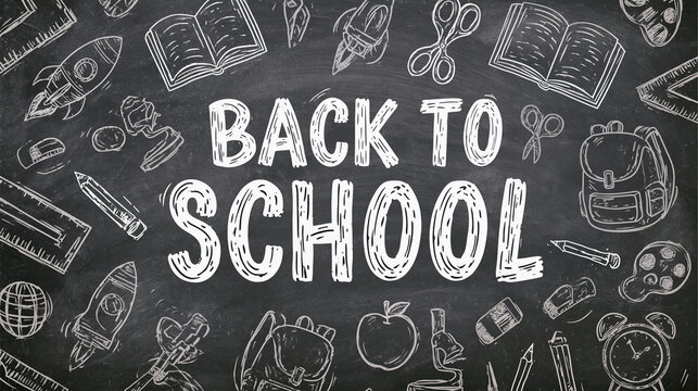 Chalkboard background with white hand-drawn school icons and Back to School text. Perfect for educational marketing and seasonal shopping designs.
