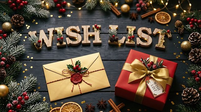 Wooden wish list sign with Christmas gift envelope and festive pine decorations on dark rustic wood background for holiday planning.