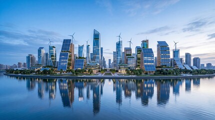 Fototapeta premium Modern Green Metropolis Skyline with Solar-Integrated Glass Skyscrapers and Riverfront Reflection at Dramatic Sunset Dusk for Smart Urban Living - Generative AI