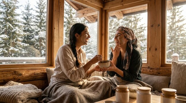 Two women enjoying a spa day with face masks in a cozy wooden cabin