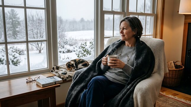 Senior woman relaxing in cozy armchair by snowy window with hot drink and cat during winter.