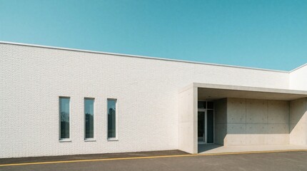 Fototapeta premium Modern white brick building facade with minimalist design. Three narrow vertical windows on clean wall. Concrete entrance porch with smooth texture. Bright sunny day with clear blue sky. Simple