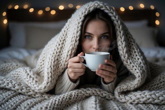 Woman under warm blanket drinks hot beverage in bed. Cozy atmosphere with string lights. Peaceful morning, feeling safe, comfortable at home, winter season.