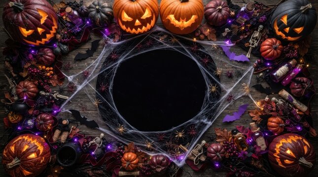 Spooky Halloween decorations with carved pumpkins, spiders, and potion bottles
