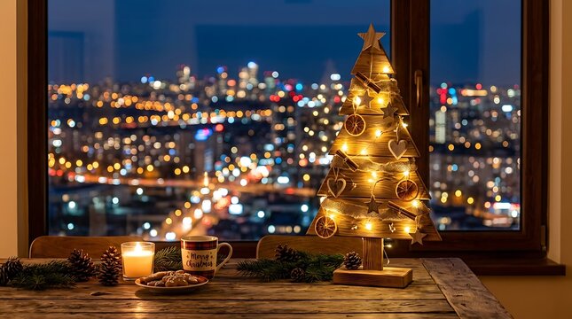 Rustic wooden slat christmas tree with orange slices and warm lights near window.