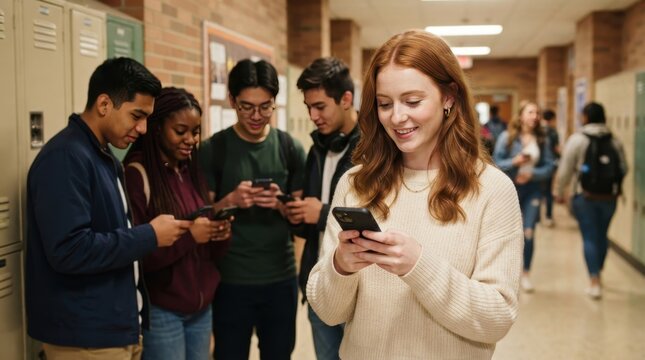 Teenagers engrossed in their smartphones in a school hallway