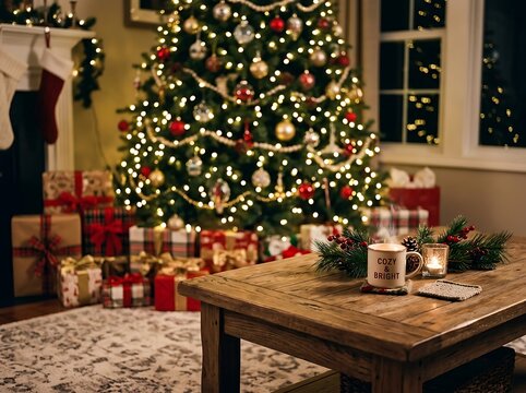 Cozy living room interior featuring glowing christmas tree with gifts and steaming mug.