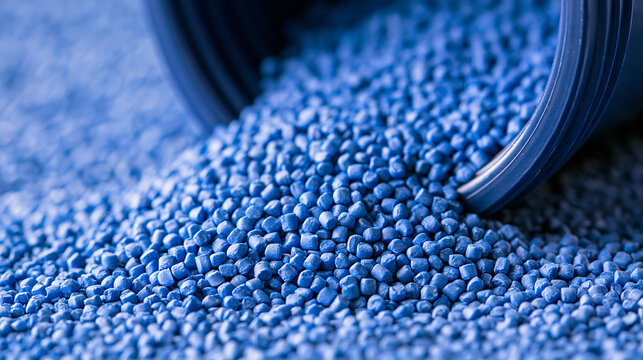 Blue plastic polymer pellets spilling from a container in a close-up macro view. Industrial raw materials for manufacturing and plastic production industry concepts.
