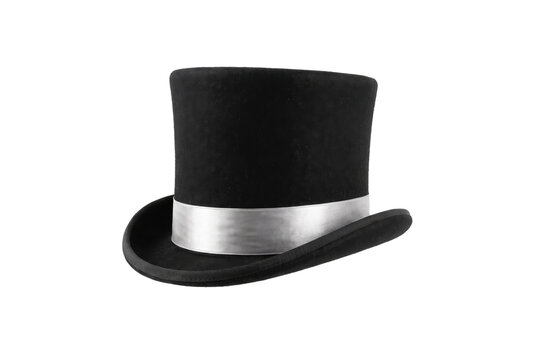 Classic Black Top Hat with Silver Ribbon Band Isolated on White Background