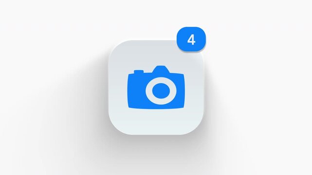 Mirrorless camera app icon featuring animated notification badge with counter 1 to 99, dynamic shadow effect, minimalist digital photo equipment gear concept, on white background. 