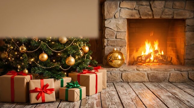 Christmas tree with red ribbons and wrapped presents standing beside a warm brick fireplace in festive home interior.