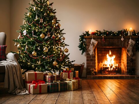Christmas tree with stockings and presents by stone fireplace in cozy living room for holiday season.
