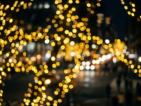 Golden bokeh light trails over city street night scene with festive atmosphere.