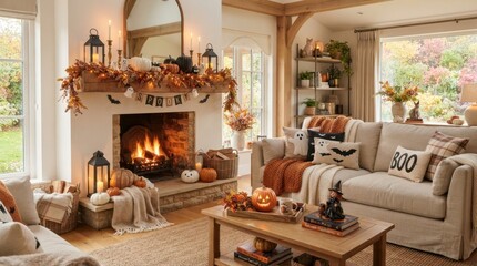 Fototapeta premium Cozy living room decorated for Halloween with a fireplace and pumpkins