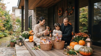 Fototapeta premium Family preparing Halloween candy bags on porch with pumpkins and mums