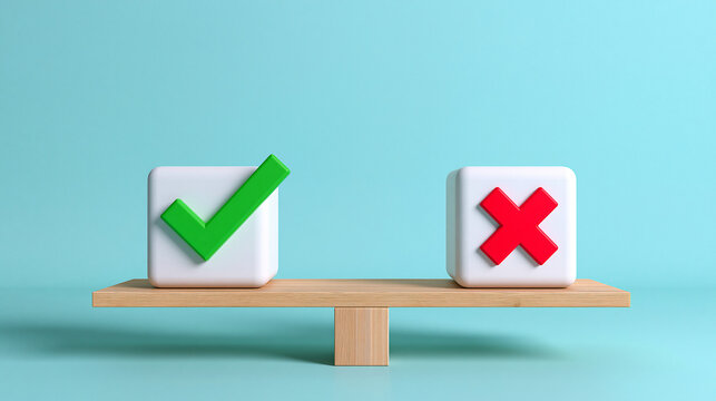 Checkmark and cross icons on blocks balancing on a seesaw. This visual concept represents the comparison of right and wrong choices for business decision making.