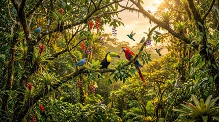 Fototapeta premium Vibrant rainforest scene with toucan, macaw, hummingbirds, and blue birds