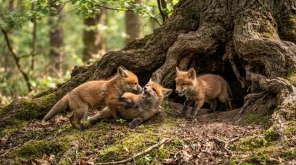 Naklejka premium Three playful fox cubs tumble and wrestle near their den in a forest setting