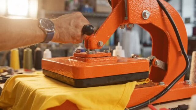 Industrial shirt printing machine professional garment customization equipment heat press pressing yellow textile piece fabric application cinematic stock footage.