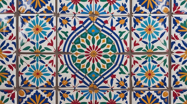 Colorful Moroccan tile pattern, vibrant arabesque ceramic mosaic background, multi-colored lantern shape wall texture for interior design and decor 