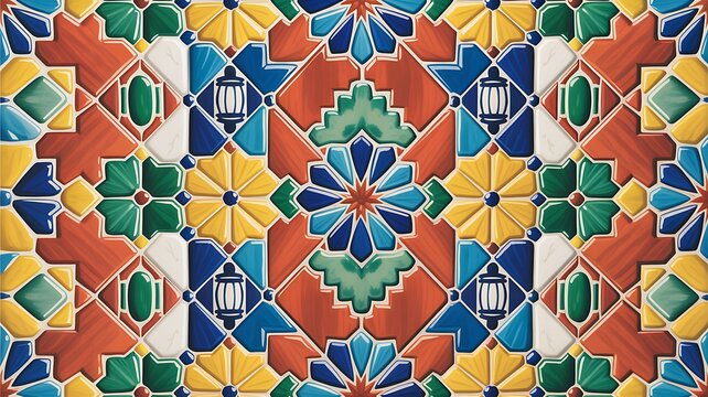 Colorful Moroccan tile pattern, vibrant arabesque ceramic mosaic background, multi-colored lantern shape wall texture for interior design and decor 