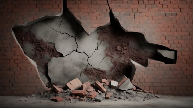 Cracked red brick wall revealing concrete and debris, isolated on transparent background