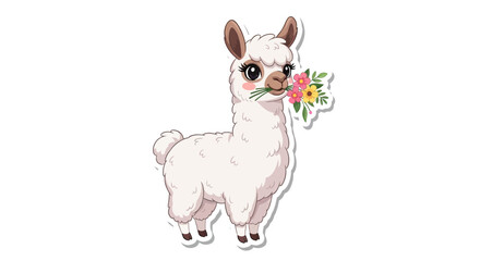 Naklejka premium Cute Llama Holding Flowers in Mouth, Isolated on Transparent Background