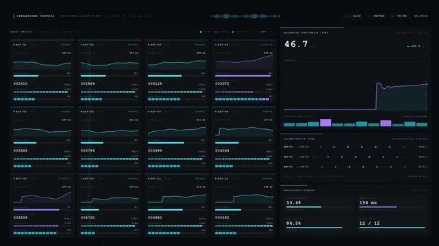 A sophisticated dark-mode enterprise monitoring dashboard showcasing AI agent performance analytics with glassmorphism cards and luminous accents in a dynamic interface.
