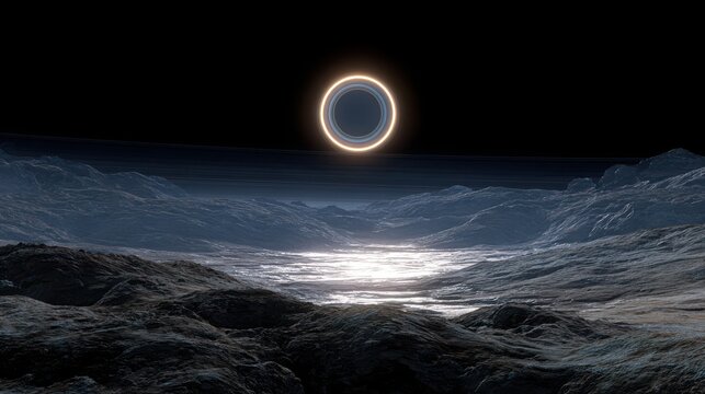 Distant ringed planet rising over a barren rocky extraterrestrial landscape