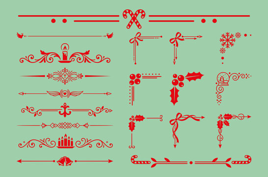 Red christmas holiday ornaments and page dividers for winter seasonal card decorations.