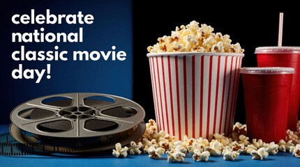 Fototapeta premium Celebrate National Classic Movie Day with popcorn, film reels, and drinks. Retro cinema experience with striped bucket, filmstrip, and soda cups.