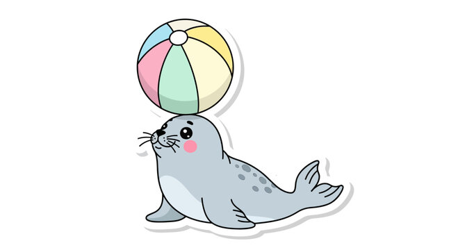 Cute cartoon seal balancing colorful beach ball on nose, isolated