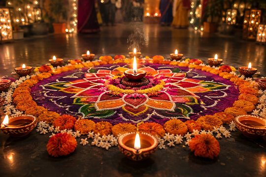 Symmetrical floral rangoli artwork illuminated with glowing oil diya lamps, marigold garlands, and delicate jasmine flowers for traditional Indian festival floor celebration setup
