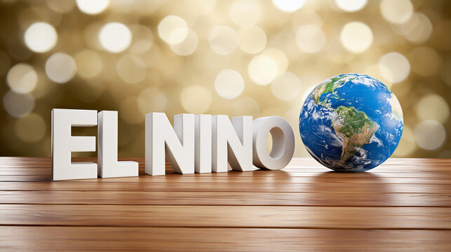 The text El Nino with a globe sits on a wooden surface against a golden bokeh background. Represents climate change and global weather phenomena concepts.