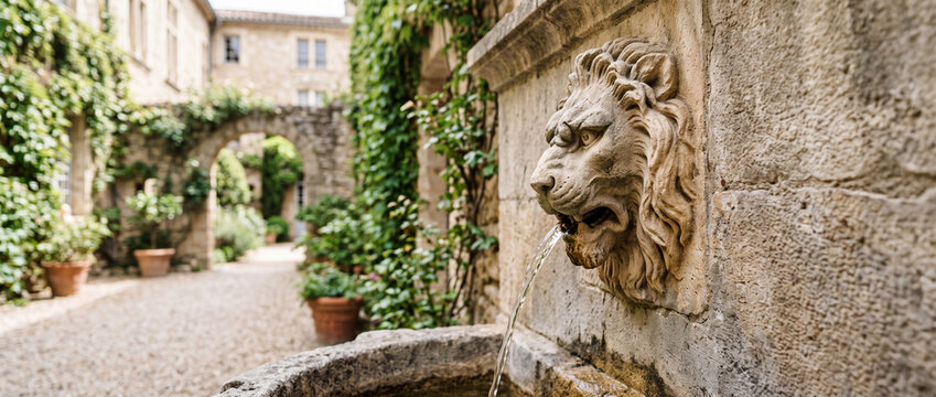 Stone lion fountain spouting water in ivy covered historic courtyard with terracotta pots