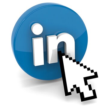 Computer mouse cursor clicking on the blue linkedin social media logo icon isolated on white background