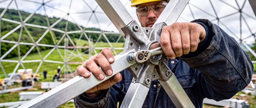 Construction worker tightening bolts on geodesic dome metal frame with wrench and safety gear