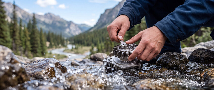 Hands assembling small hydropower turbine in mountain stream showing renewable energy field engineering