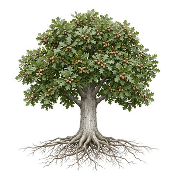 mature full tree with broad dense canopy and visible acorns, exposed visible roots, 11 ratio, isolated on seamless pure white background