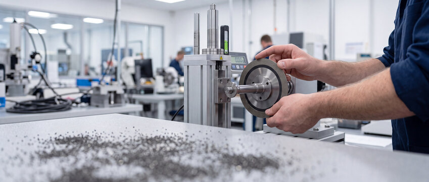 Precision Manufacturing Technician Inspecting Metal Rotor Component in Modern Industrial Workshop Laboratory