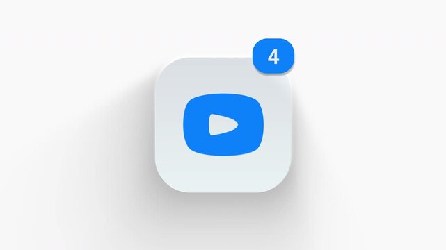 Video play app icon featuring animated notification badge with counter 1 to 99, dynamic shadow effect, minimalist media player streaming movie concept, on white background. 