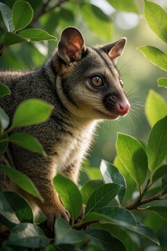 Close up of cute possum sitting on leafy tree branch. Small nocturnal marsupial animal in wild habitat. Green foliage surrounds this native creature. Nature background scene.