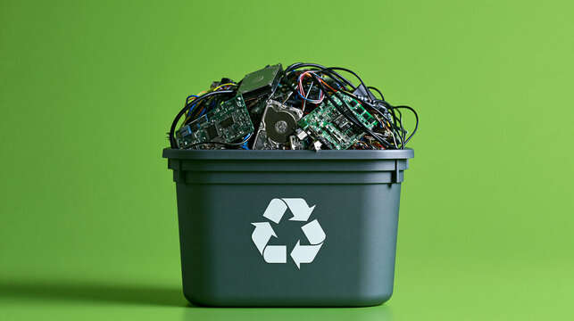 Electronic waste in a recycling bin against a green background. Concept for sustainable technology management and environmental circular economy initiatives.