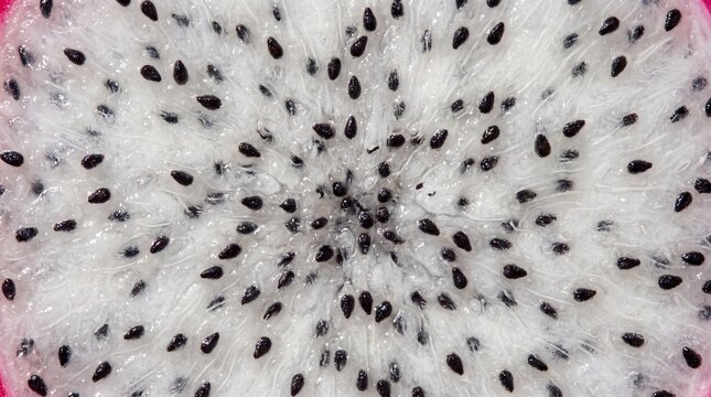 Extreme macro full frame texture of white dragon fruit flesh with black seeds.
