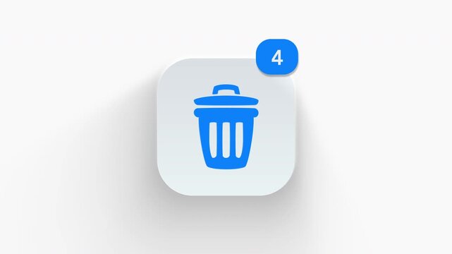 Trash bin app icon featuring animated notification badge with counter 1 to 99, dynamic shadow effect, minimalist delete remove garbage waste concept, on white background. 