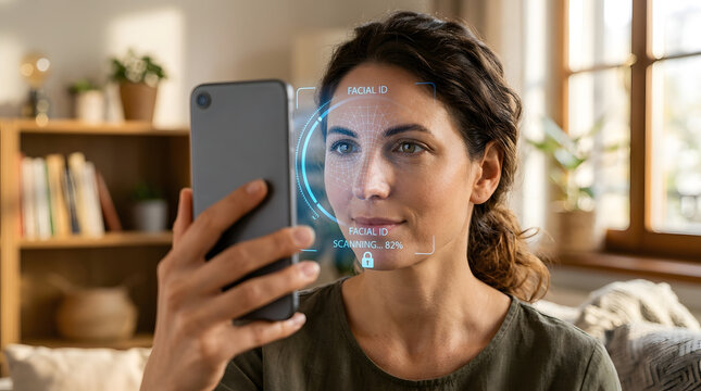 Young woman unlocking her smartphone using advanced biometric facial recognition technology at home in a bright living room environment