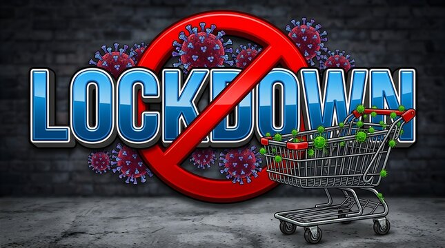 End of lockdown freedom concept with shopping cart and red cancellation mark